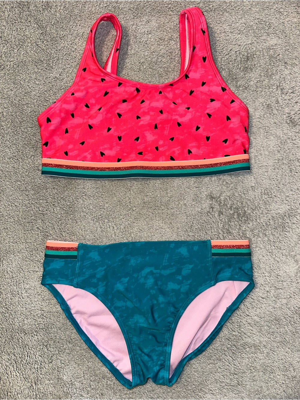 Cat & Jack Girls L 10/12 Heart Print 2 Piece Swimsuit
